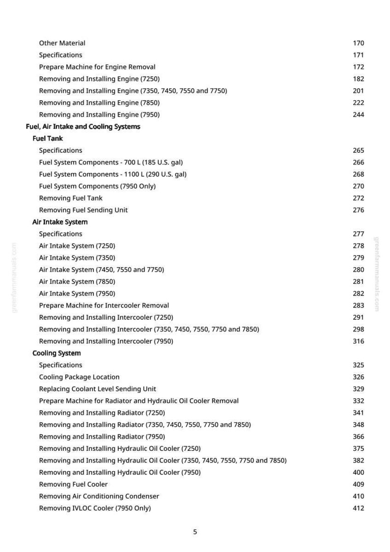 May include: A detailed table of contents from a manual, listing sections on engine removal, fuel systems, air intake, and cooling systems. Includes page numbers for easy reference.