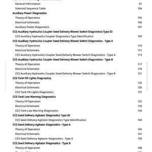 May include: A white page with a detailed table of contents, featuring various diagnostic topics such as "Electrical System Diagnostics" and "CCS Seed Delivery Agitator Diagnostics." The page numbers are listed on the right side.