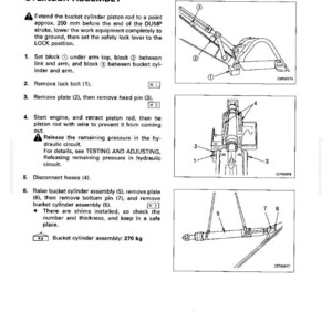 Pode incluir: Diagrama de um manual que detalha a desmontagem e montagem de um cilindro de balde. A imagem inclui etapas numeradas, diagramas e instru&ccedil;&otilde;es de texto. O conjunto do cilindro do balde pesa 270 kg.