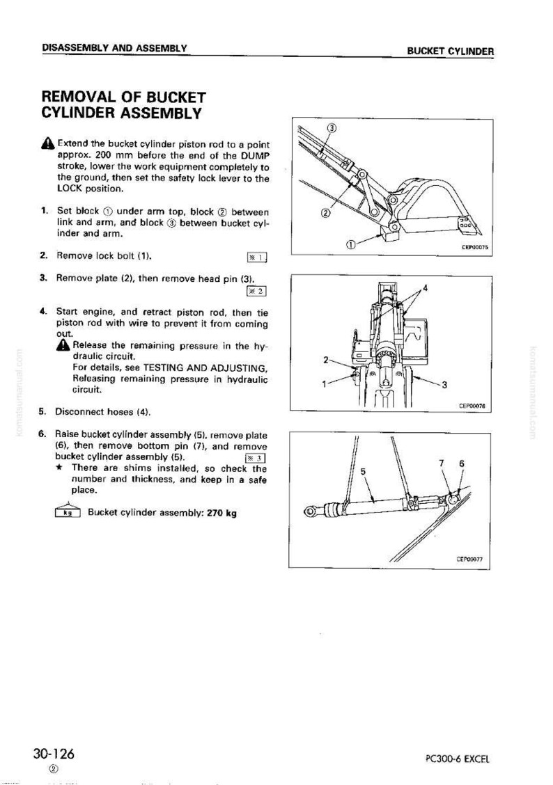 Pode incluir: Diagrama de um manual que detalha a desmontagem e montagem de um cilindro de balde. A imagem inclui etapas numeradas, diagramas e instru&ccedil;&otilde;es de texto. O conjunto do cilindro do balde pesa 270 kg.