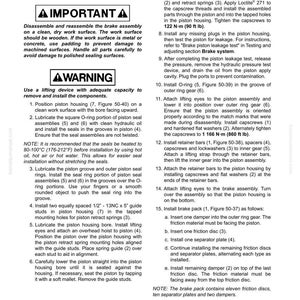 May include: Technical manual page detailing brake assembly disassembly and reassembly. Includes warnings, step-by-step instructions, and diagrams for proper maintenance. Features measurements in ft lb and inches.