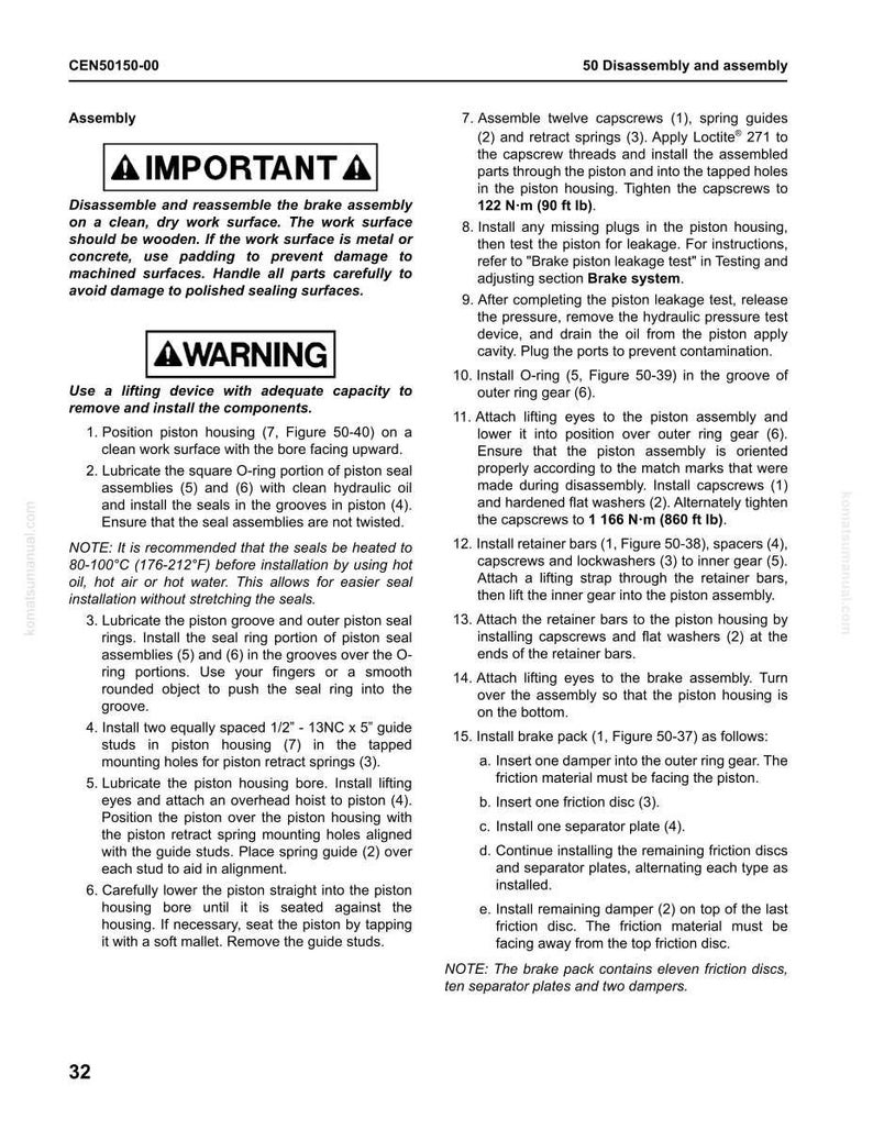 May include: Technical manual page detailing brake assembly disassembly and reassembly. Includes warnings, step-by-step instructions, and diagrams for proper maintenance. Features measurements in ft lb and inches.