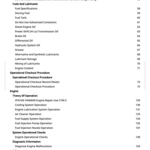 May include: A page from a manual with a table of contents. The text includes service recommendations, fuel and lubricants, and engine operation procedures. Page numbers are listed on the right side.