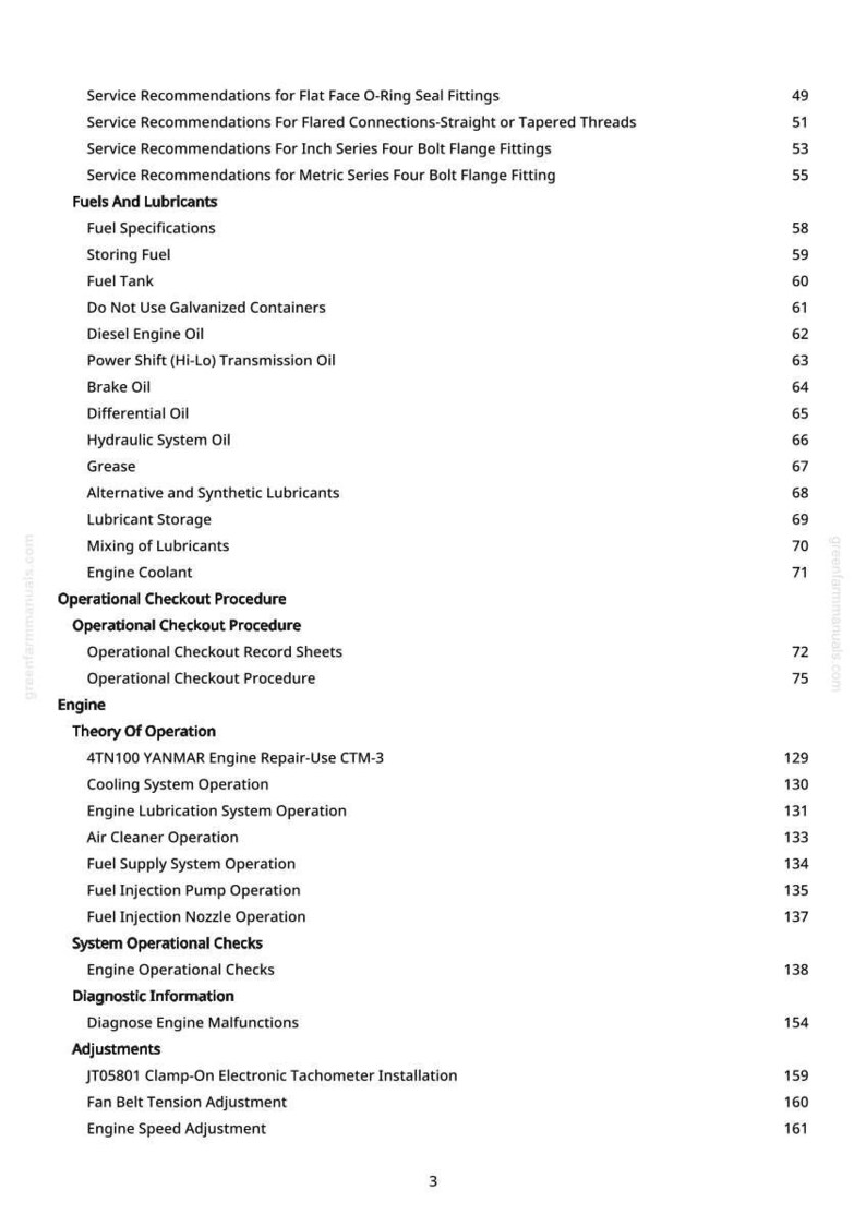 May include: A page from a manual with a table of contents. The text includes service recommendations, fuel and lubricants, and engine operation procedures. Page numbers are listed on the right side.