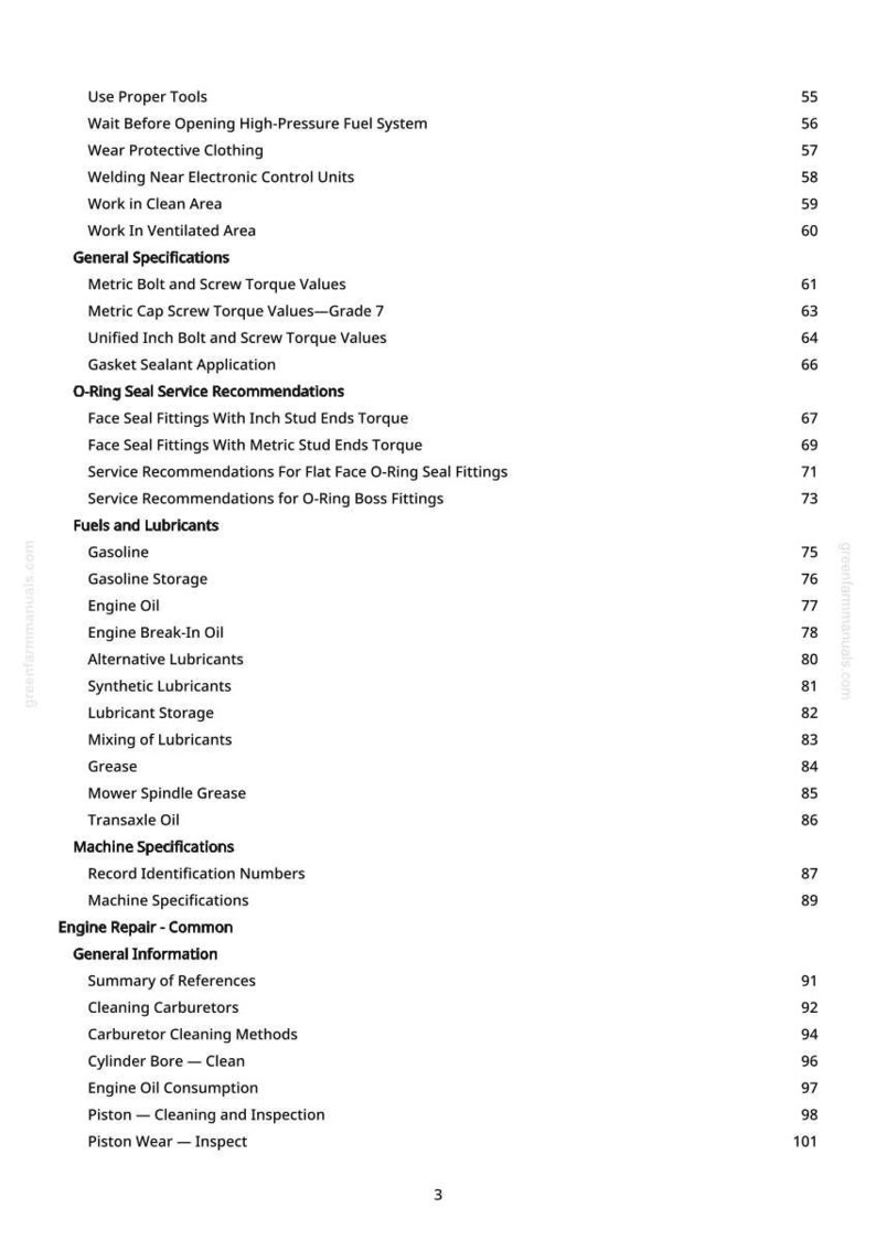 May include: A page from a manual with a table of contents. The headings include "Fuels and Lubricants", "Machine Specifications", and "Engine Repair - Common". The page number is 3.