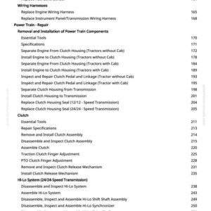 May include: A page from a manual with a list of repair procedures for a tractor. The text includes items like "Replace Neutral Start Switch", "Install Engine to Clutch Housing", and "Disassemble and Inspect Hi-Lo System".
