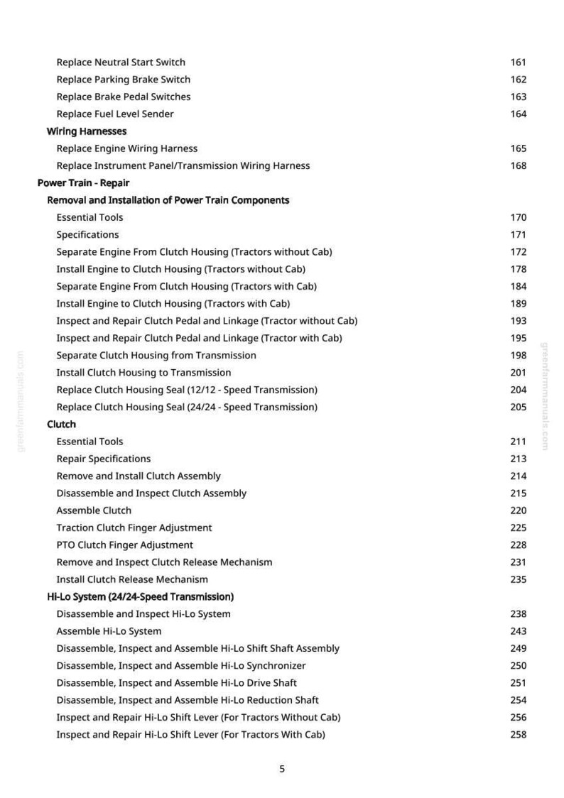May include: A page from a manual with a list of repair procedures for a tractor. The text includes items like "Replace Neutral Start Switch", "Install Engine to Clutch Housing", and "Disassemble and Inspect Hi-Lo System".