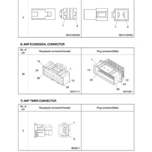 Puede incluir: Diagrama de tres tipos de conectores: 375 Fasten Type, AMP Econoseal y AMP Timer. Cada tipo se muestra con vistas de conector hembra y macho, incluyendo recuentos de pines y n&uacute;meros de pieza.