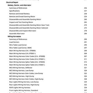 May include: A detailed table of contents from a repair manual, listing various automotive repair procedures. The text includes sections on electrical repair, wiring harnesses, and power train repair, with page numbers.