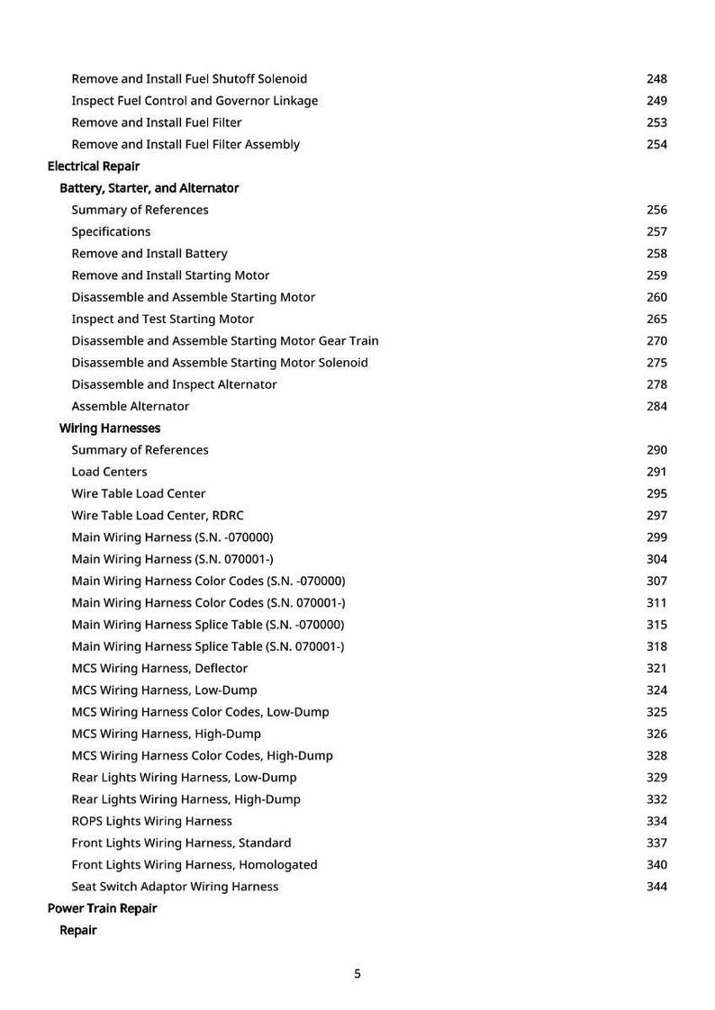 May include: A detailed table of contents from a repair manual, listing various automotive repair procedures. The text includes sections on electrical repair, wiring harnesses, and power train repair, with page numbers.