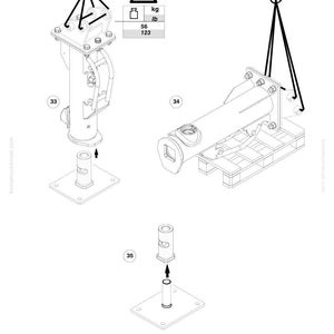 May include: Line drawing of Komatsu machinery components. The image shows three different parts, including a lifting mechanism with a weight indicator showing 56 kg / 123 lb. The Komatsu logo and model information are at the bottom.