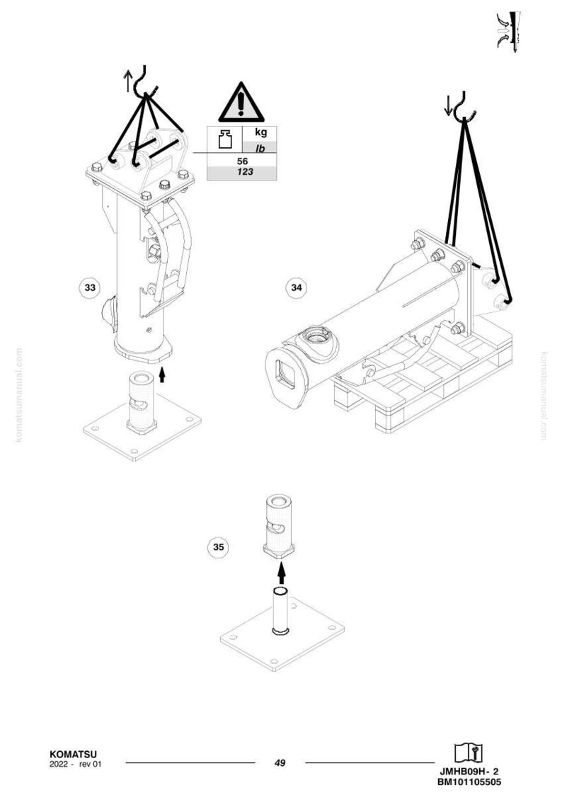 May include: Line drawing of Komatsu machinery components. The image shows three different parts, including a lifting mechanism with a weight indicator showing 56 kg / 123 lb. The Komatsu logo and model information are at the bottom.