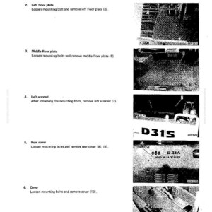 Puede incluir: Una p&aacute;gina del manual de desmontaje y montaje de la caja del dep&oacute;sito de combustible Komatsu D31S. La p&aacute;gina incluye diagramas e instrucciones para quitar piezas como la placa del suelo izquierda, la placa del suelo central, el reposabrazos izquierdo, la cubierta trasera y la cubierta.