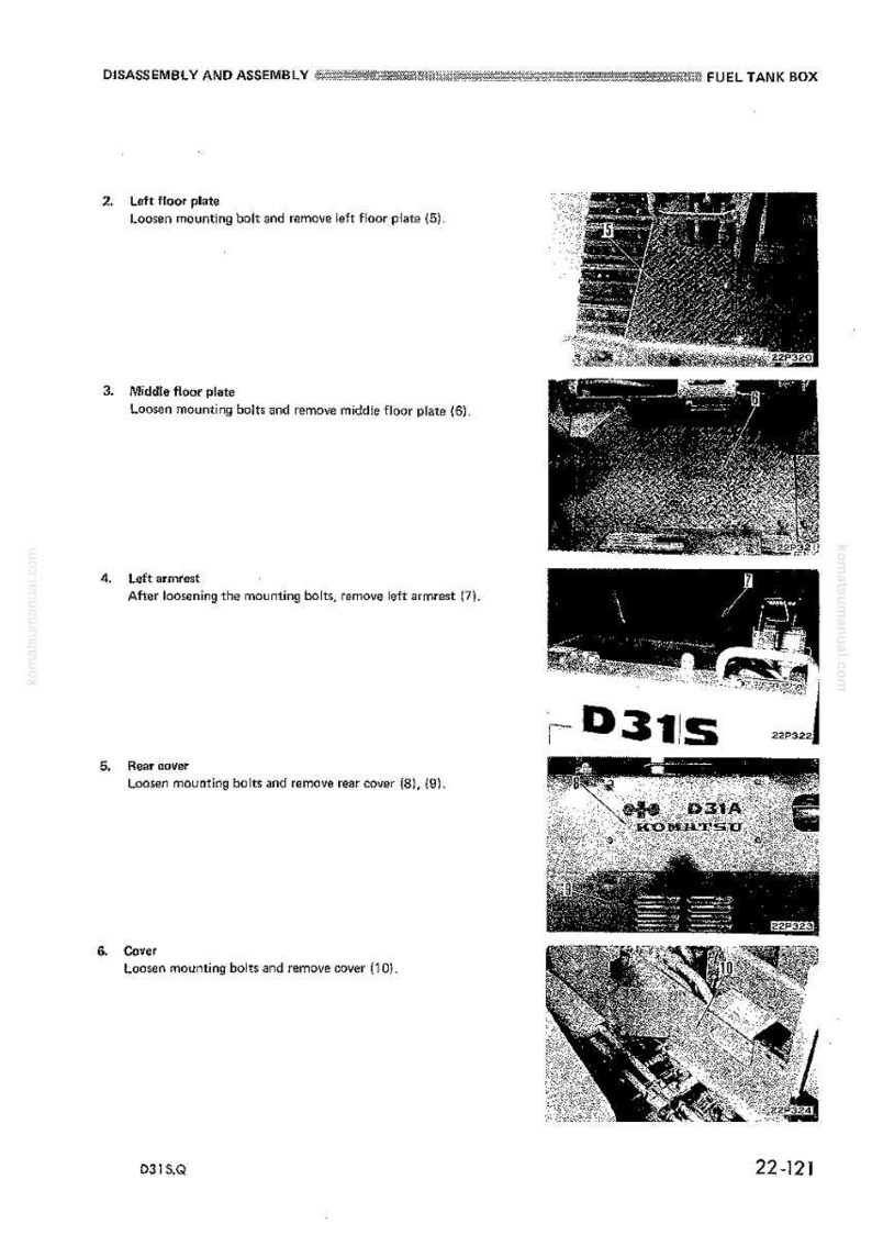 Puede incluir: Una p&aacute;gina del manual de desmontaje y montaje de la caja del dep&oacute;sito de combustible Komatsu D31S. La p&aacute;gina incluye diagramas e instrucciones para quitar piezas como la placa del suelo izquierda, la placa del suelo central, el reposabrazos izquierdo, la cubierta trasera y la cubierta.