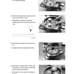 May include: Diagram of a reduction gear section with step-by-step instructions. The image shows the assembly of gears, rings, and a thrust plate within a circular housing. Text instructions accompany each step, detailing the placement and alignment of components.
