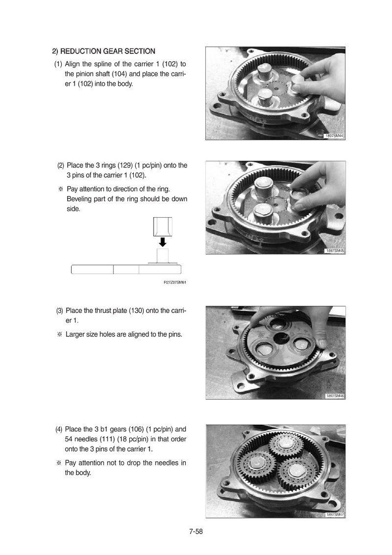 May include: Diagram of a reduction gear section with step-by-step instructions. The image shows the assembly of gears, rings, and a thrust plate within a circular housing. Text instructions accompany each step, detailing the placement and alignment of components.