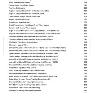 May include: A detailed list of major transmission components, including valves, housings, and assemblies, with corresponding page numbers. The text is in black font on a white background, suitable for automotive repair manuals.