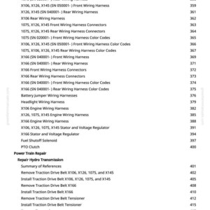 May include: A page from a manual with the title "Wiring Harness" and a list of references, including wiring harnesses, connectors, and color codes. The page also includes information on power train repair.