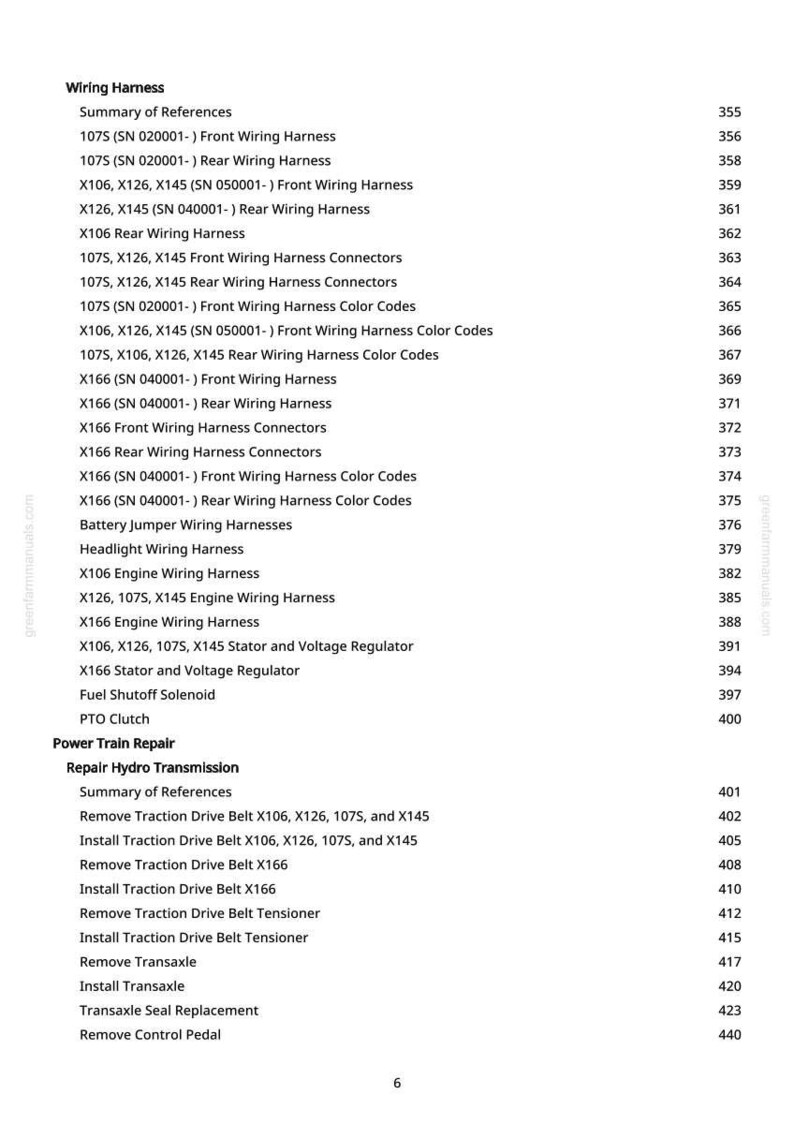 May include: A page from a manual with the title "Wiring Harness" and a list of references, including wiring harnesses, connectors, and color codes. The page also includes information on power train repair.