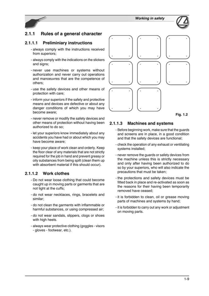 May include: A black and white page from a safety manual, titled "Rules of a general character." The page includes text and diagrams about safety procedures, work clothes, and machine systems. The document is labeled "Working in safety."