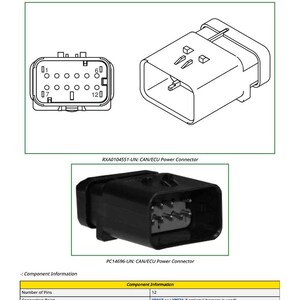 May include: Diagram of an X8026 CAN/ECU power connector. The image shows a black rectangular connector with 12 pins, and a detailed view of the pin layout. Text includes "RXA0104551-UN" and "PC14696-UN".