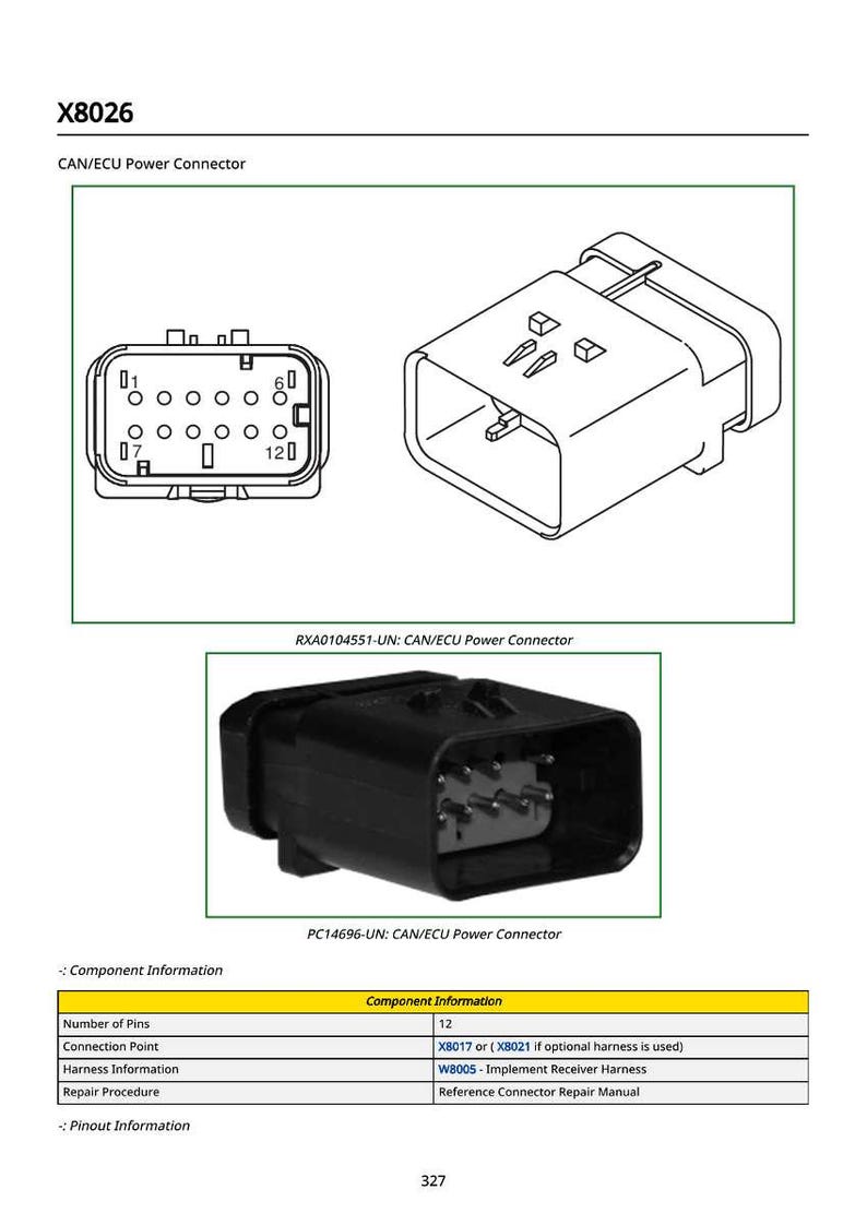 May include: Diagram of an X8026 CAN/ECU power connector. The image shows a black rectangular connector with 12 pins, and a detailed view of the pin layout. Text includes "RXA0104551-UN" and "PC14696-UN".