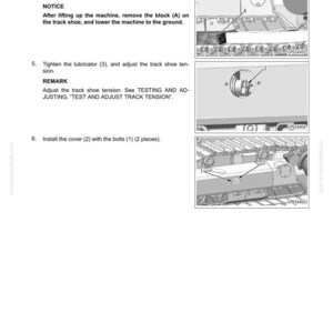 Puede incluir: Diagrama de un manual que muestra el desmontaje y montaje de un zapato de oruga. La imagen incluye ilustraciones detalladas del proceso, con etiquetas y n&uacute;meros de pieza para cada paso. El texto incluye instrucciones para quitar e instalar los dientes del segmento.