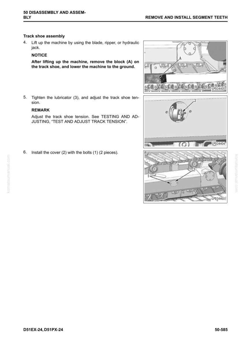 Puede incluir: Diagrama de un manual que muestra el desmontaje y montaje de un zapato de oruga. La imagen incluye ilustraciones detalladas del proceso, con etiquetas y n&uacute;meros de pieza para cada paso. El texto incluye instrucciones para quitar e instalar los dientes del segmento.