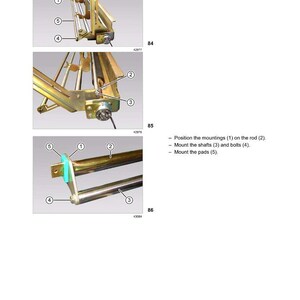 May include: Diagram of a CLAAS 46 Tying system with numbered parts and instructions. The image shows detailed views of the system's components, including tubes, pins, runners, shafts, bolts, and pads. Text includes assembly steps.