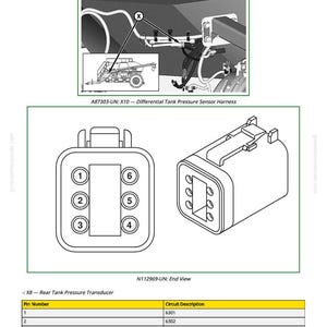 May include: Diagram of an X10 differential tank pressure sensor harness. The image includes a diagram of the harness, a connector with six numbered pins, and a table with pin numbers and circuit descriptions. The text "X10 - Differential Tank Pressure Sensor Harness" is at the top.