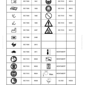 Peut inclure: Un tableau d&eacute;taill&eacute; de symboles de s&eacute;curit&eacute; et d'ic&ocirc;nes d'information, comprenant des avertissements, des instructions et des pictogrammes li&eacute;s &agrave; l'&eacute;quipement. Le tableau comprend des r&eacute;f&eacute;rences ISO 7000 et divers codes. Le logo Komatsu et les informations de r&eacute;vision sont en bas.