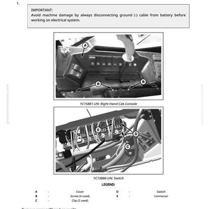 May include: Diagram illustrating the removal and installation of switches with hydrostatic drive type. The image shows the right-hand cab console and switch components, labeled with letters and descriptions. Text advises disconnecting the ground cable before working on the electrical system.
