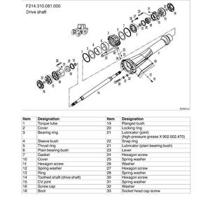 May include: Diagram of a tractor front axle suspension, detailing the removal and installation of the torque tube. Includes a parts list with item numbers and designations, such as torque tube, cover, and bearing ring.