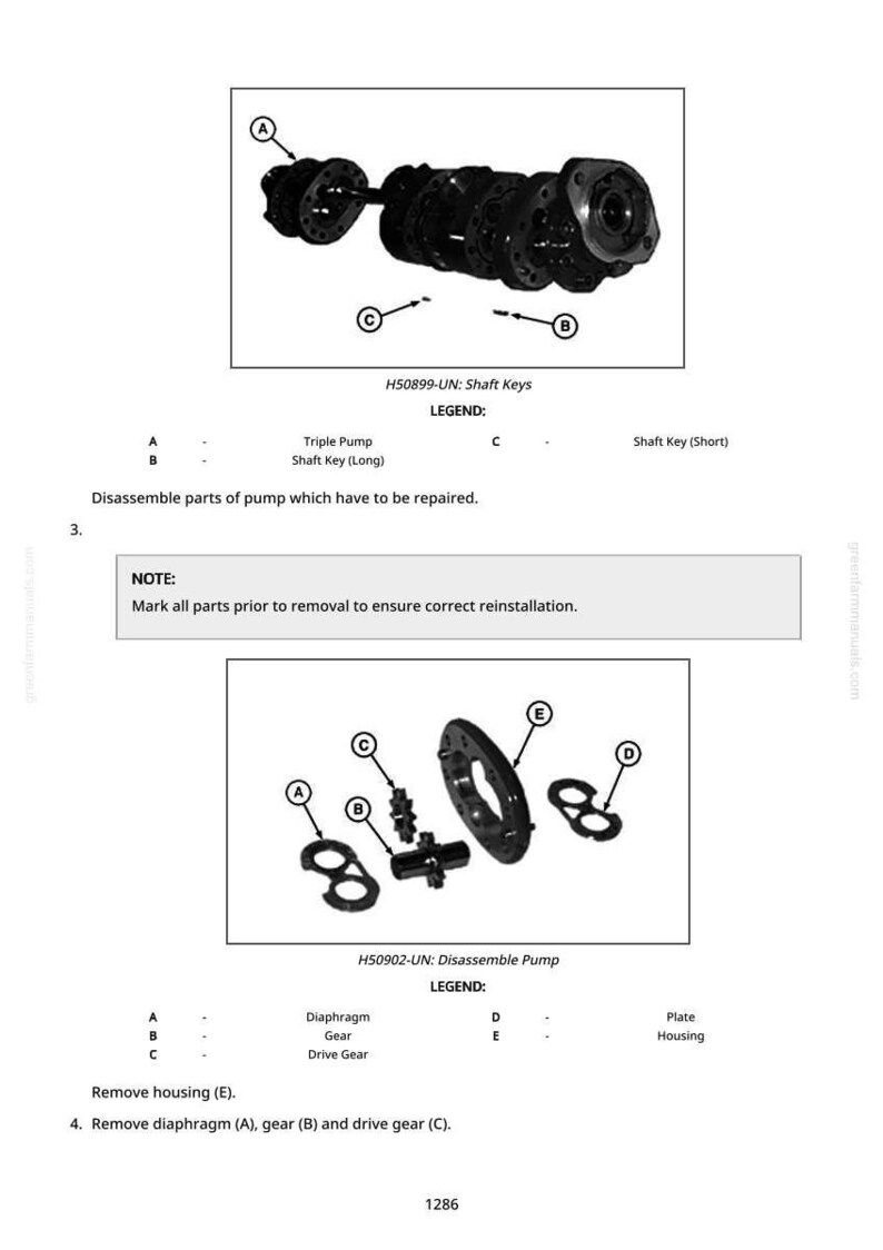 May include: Diagram of pump components, including shaft keys, triple pump, and various gears. The image includes labels A, B, C, D, and E, with a legend explaining each part. Text instructions are also present.