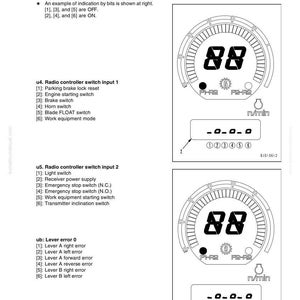 以下が含まれることがあります： ビット表示コードの詳細を示す図。画像には、数字88を表示する2つの円形ゲージと、スイッチ入力とレバーエラーを示すテキストが含まれています。テキストには、「DETAILS OF BIT DISPLAY CODES」と「TESTING AND ADJUSTING」というラベルが含まれています。