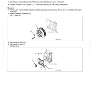 May include: Diagram from a manual showing engine component removal steps. Includes illustrations of a front cover, damper assembly, and ring. Text includes troubleshooting steps and part numbers.