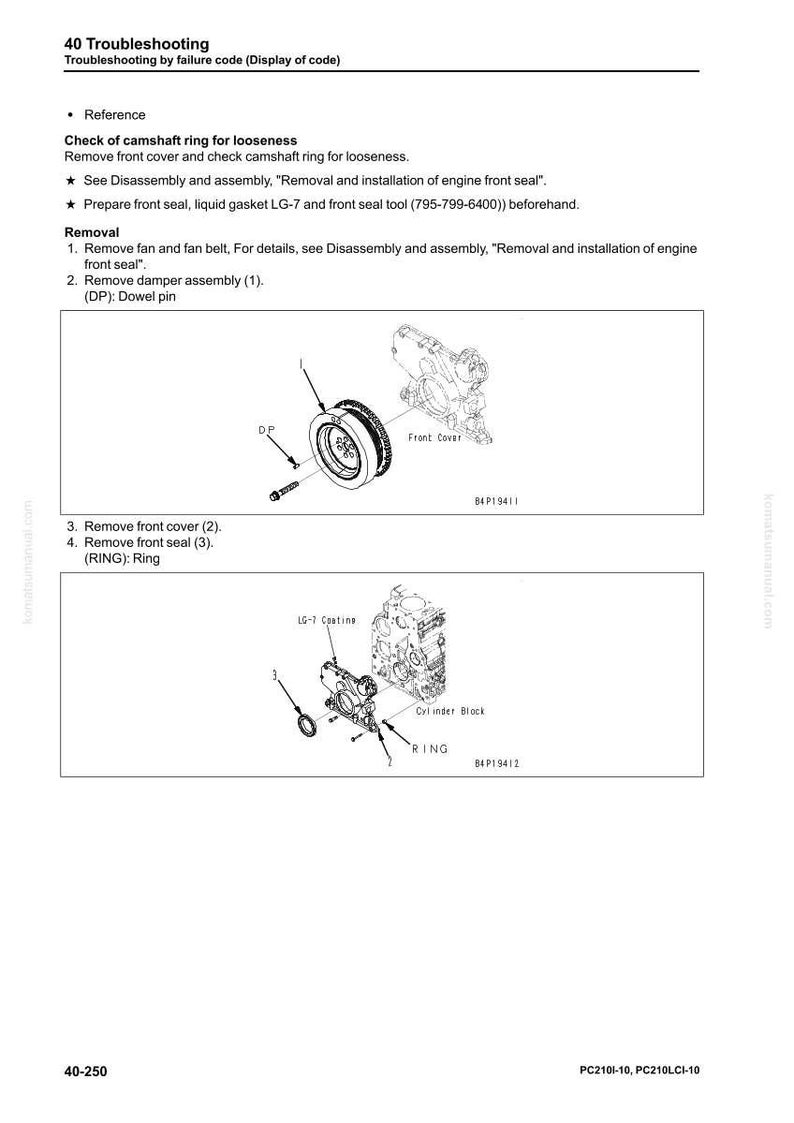 May include: Diagram from a manual showing engine component removal steps. Includes illustrations of a front cover, damper assembly, and ring. Text includes troubleshooting steps and part numbers.