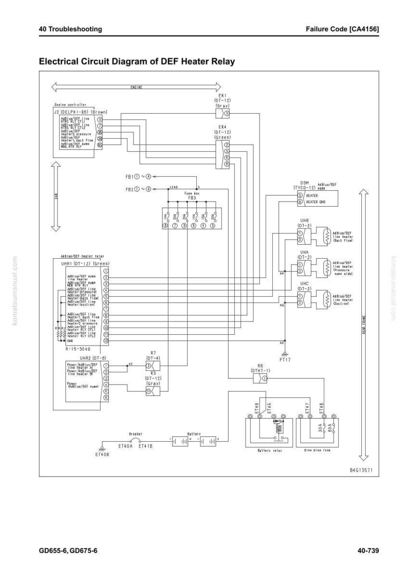 May include: An electrical circuit diagram of a DEF heater relay, with text including "40 Troubleshooting" and "Failure Code [CA4156]" in a technical illustration. The diagram features various components and wiring.