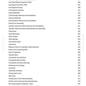 May include: A white page detailing automotive repair procedures, such as fuel injection pump replacement and valve seat work. Page numbers are listed on the right-hand side.