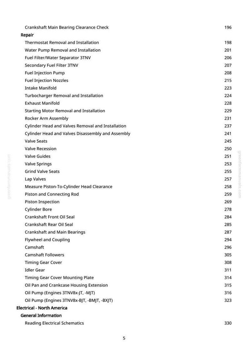 May include: A white page detailing automotive repair procedures, such as fuel injection pump replacement and valve seat work. Page numbers are listed on the right-hand side.