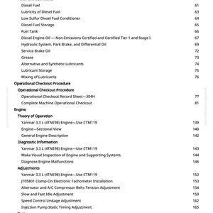 May include: A manual page with a detailed table of contents. Sections include "Fuels and Lubricants", "Operational Checkout Procedure", and "Engine". Page numbers are shown on the right-hand side.