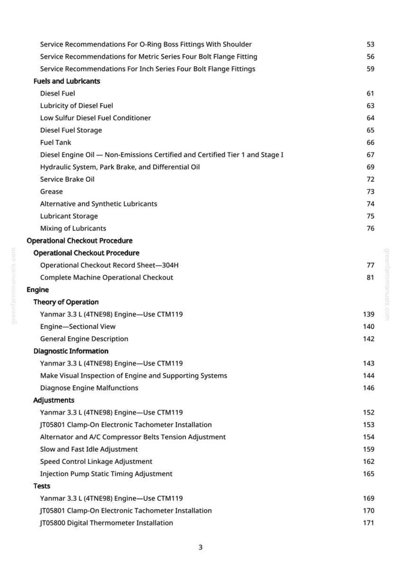May include: A manual page with a detailed table of contents. Sections include "Fuels and Lubricants", "Operational Checkout Procedure", and "Engine". Page numbers are shown on the right-hand side.