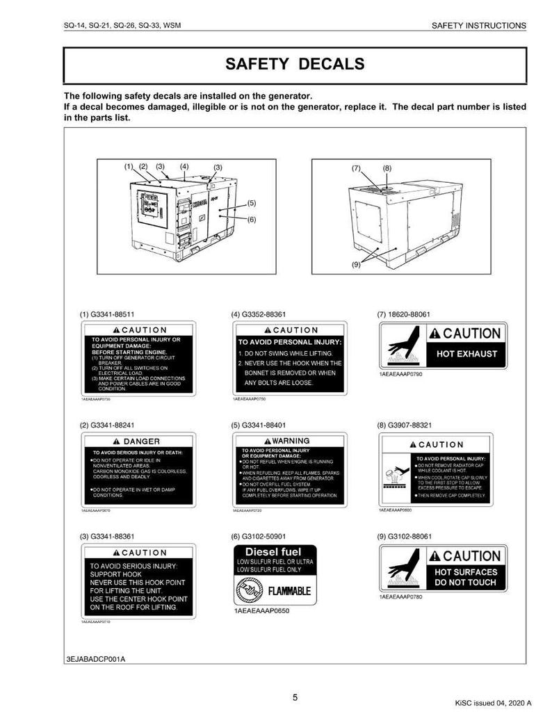 K&ouml;nnte beinhalten: Diagramm von Sicherheitsaufklebern f&uuml;r einen Generator, einschlie&szlig;lich Warnungen vor hei&szlig;em Auspuff, Dieselkraftstoff und m&ouml;glichen Verletzungen. Die Aufkleber enthalten Anweisungen und Warnungen f&uuml;r einen sicheren Betrieb.