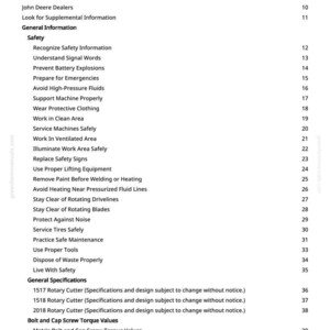 May include: A page from a manual titled "Table of Contents" with a list of safety and maintenance topics. The document includes sections on safety, general specifications, and lubrication, with page numbers listed on the right.