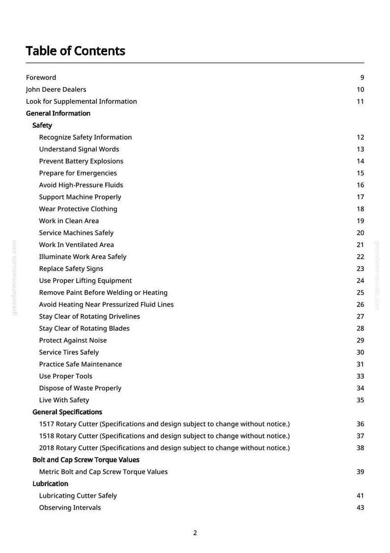 May include: A page from a manual titled "Table of Contents" with a list of safety and maintenance topics. The document includes sections on safety, general specifications, and lubrication, with page numbers listed on the right.