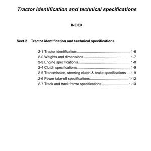 May include: A page from a manual titled "Tractor identification and technical specifications." The document includes an index with sections on tractor identification, weights, dimensions, engine, and clutch specifications. The page number is 1-5.