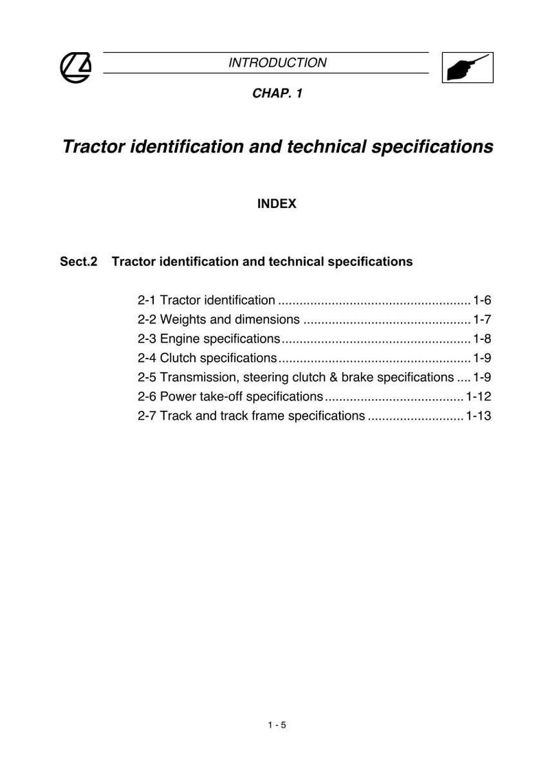 May include: A page from a manual titled "Tractor identification and technical specifications." The document includes an index with sections on tractor identification, weights, dimensions, engine, and clutch specifications. The page number is 1-5.