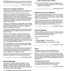 May include: A page from a John Deere operator's manual, featuring the "Introduction" section. The text includes safety warnings, instructions, and contact information for parts and service. The manual is for a John Deere machine.