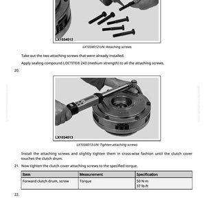 Puede incluir: Imagen en blanco y negro que muestra componentes mec&aacute;nicos e instrucciones. La imagen incluye un diagrama de tornillos de fijaci&oacute;n, una llave dinamom&eacute;trica y una tabla con especificaciones de par de 50 N-m.