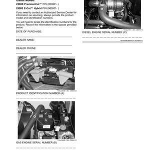 May include: Product identification document for Greens Mowers, with model numbers and spaces to record purchase details. Features images of engine components and serial number locations. Includes text: Diesel Engine Serial Number (C).